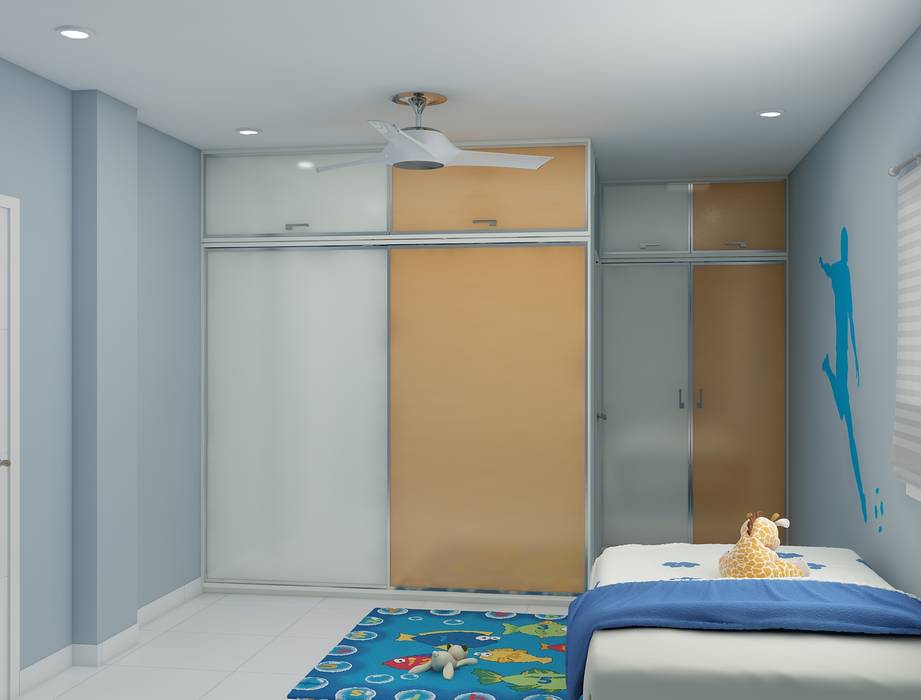 wardrobe design in the kids bedroom in beige and white lacquered material Rhythm And Emphasis Design Studio Modern style bedroom