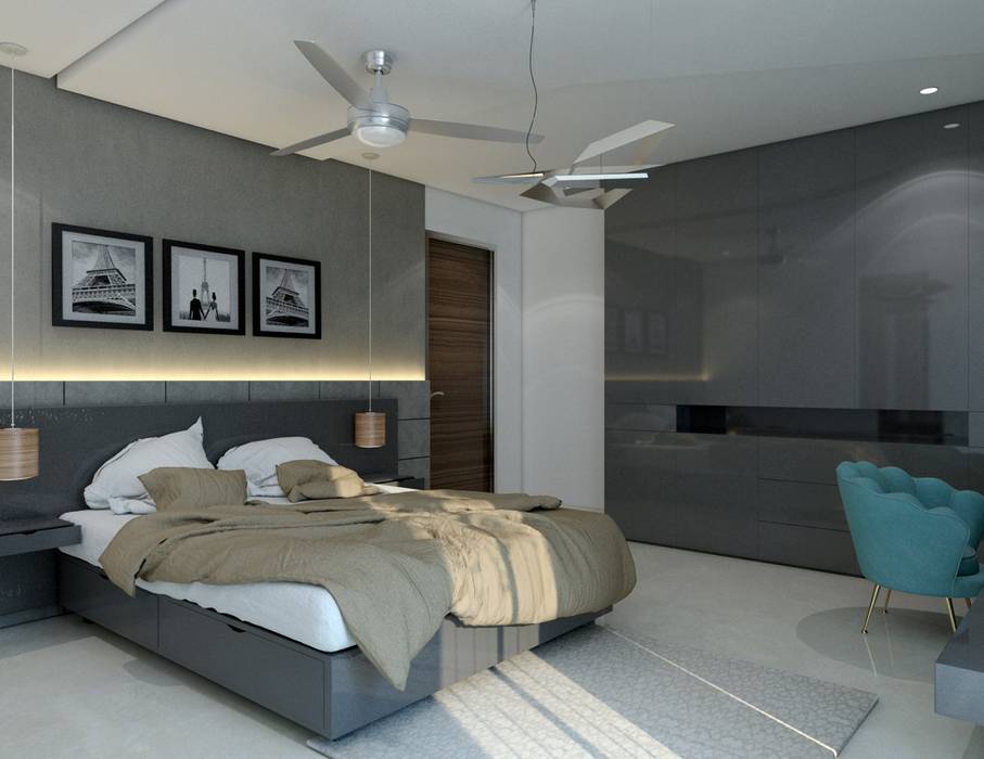 Bedroom with a designer headboard : modern by Rhythm And Emphasis Design Studio ,Modern