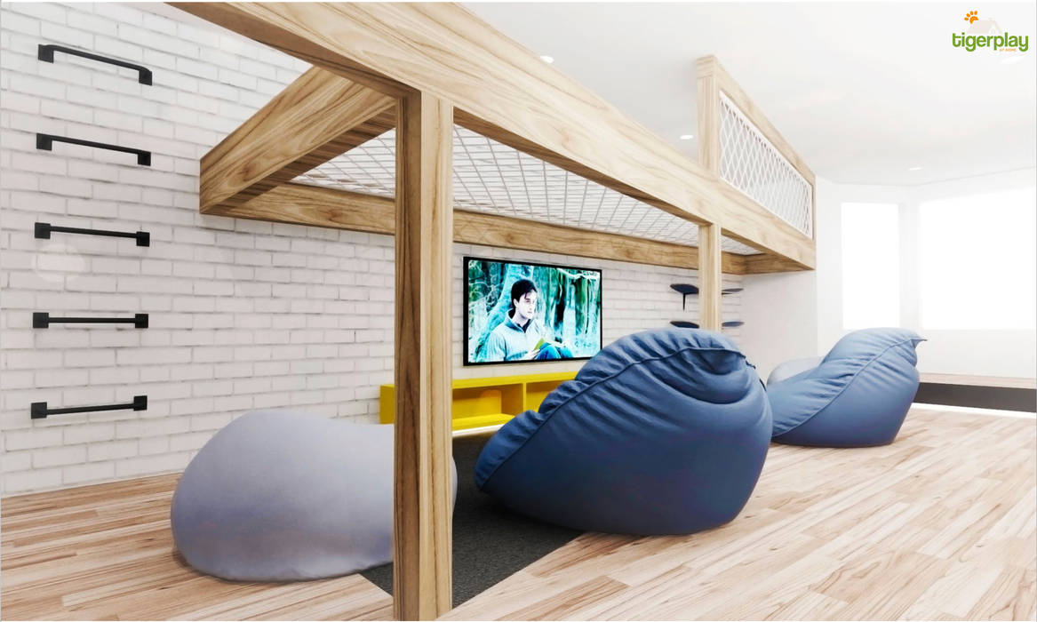 The timber mezzanine adds another level to the room without compromising the light or floor space Tigerplay Modern media room kids room,teen room,teen,playroom,games room,mezzanine,beanbag,tv room,blue
