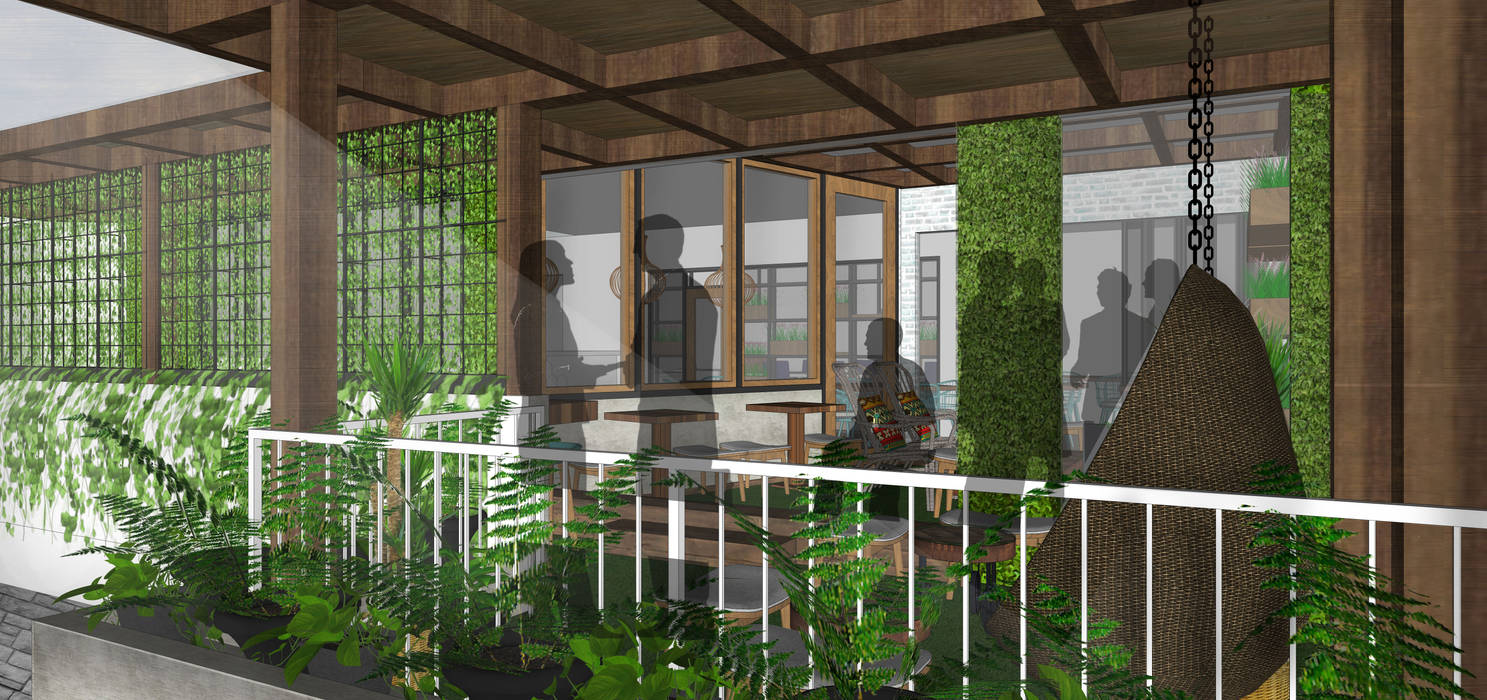 SAE Office & Kecik Kitchen I Concept, SAE Studio (PT. Shiva Ardhyanesha Estetika) SAE Studio (PT. Shiva Ardhyanesha Estetika) Tropical style balcony, porch & terrace