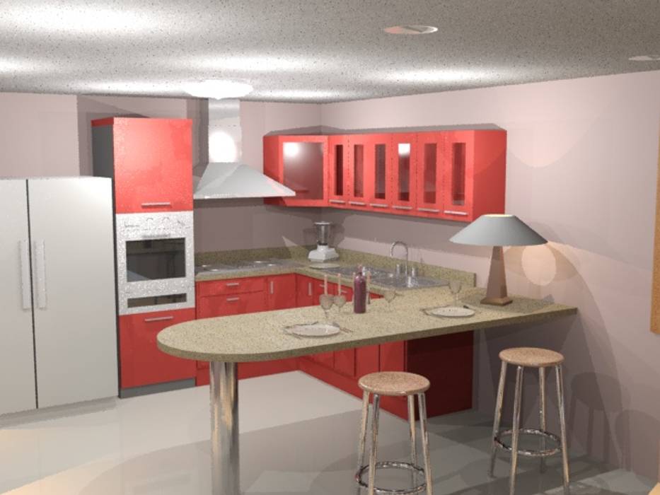 Cocina roja render 3D Cosmoservicios SAS Cocinas integrales Aglomerado