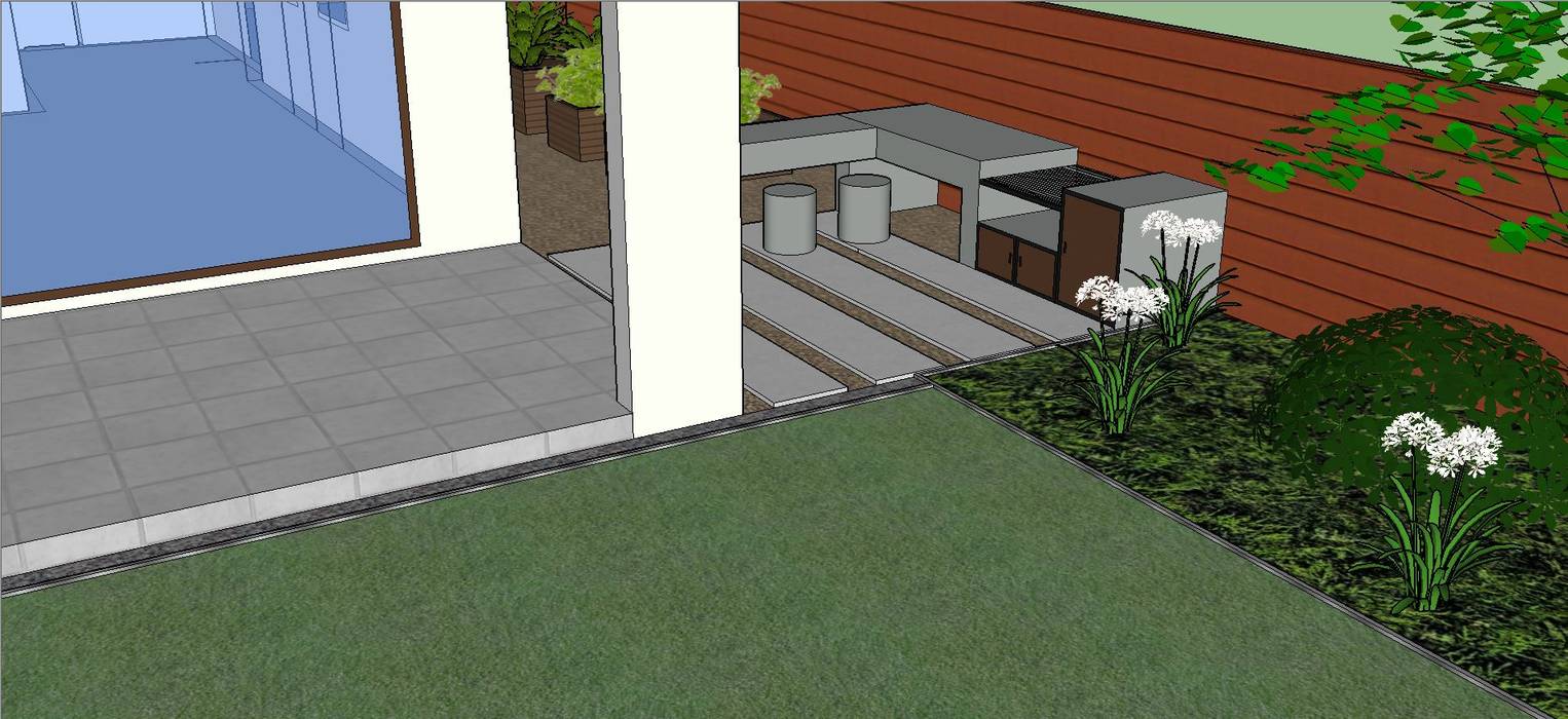 Detalle quincho diseñado en 3D Aliwen Paisajismo Jardines de estilo moderno