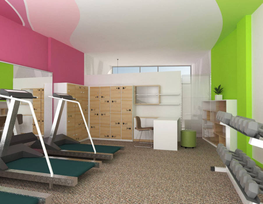 Desain Interior S Fitness Center, CV Rancangbangun Arsitama Buana CV Rancangbangun Arsitama Buana صالة الرياضة خشب متين Multicolored