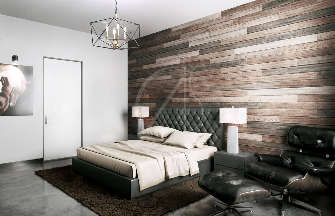 homify غرفة نوم أسمنت industrial house,industrial bedroom,industrial interior,bedroom interior,neutral,wood planks,tufted headboard,modern bedroom,polished concrete,concrete floor,industrial villa