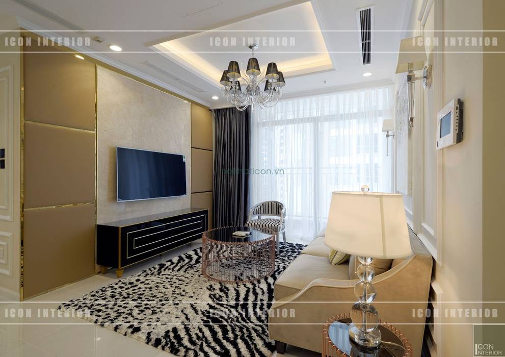 Phong cách Tân Cổ Điển trong thiết kế nội thất căn hộ Vinhomes Central Park, ICON INTERIOR ICON INTERIOR Phòng khách