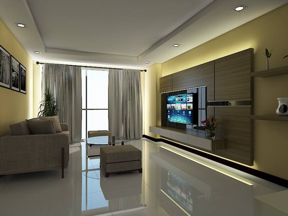 Backdrop TV Tangerang, grindulu interior grindulu interior Living room Plywood TV stands & cabinets