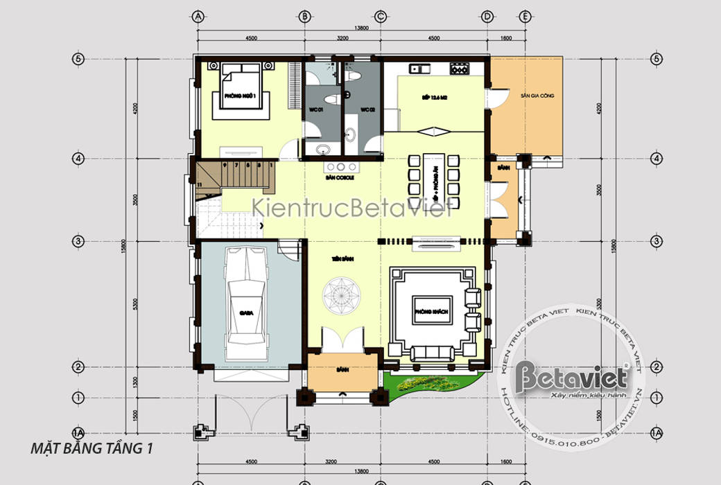 Mặt bằng tầng 1 mẫu thiết kế biệt thự 3 tầng phong cách Châu Âu (CĐT: Bà Mai - Hưng Yên) KT18037 Công Ty CP Kiến Trúc và Xây Dựng Betaviet