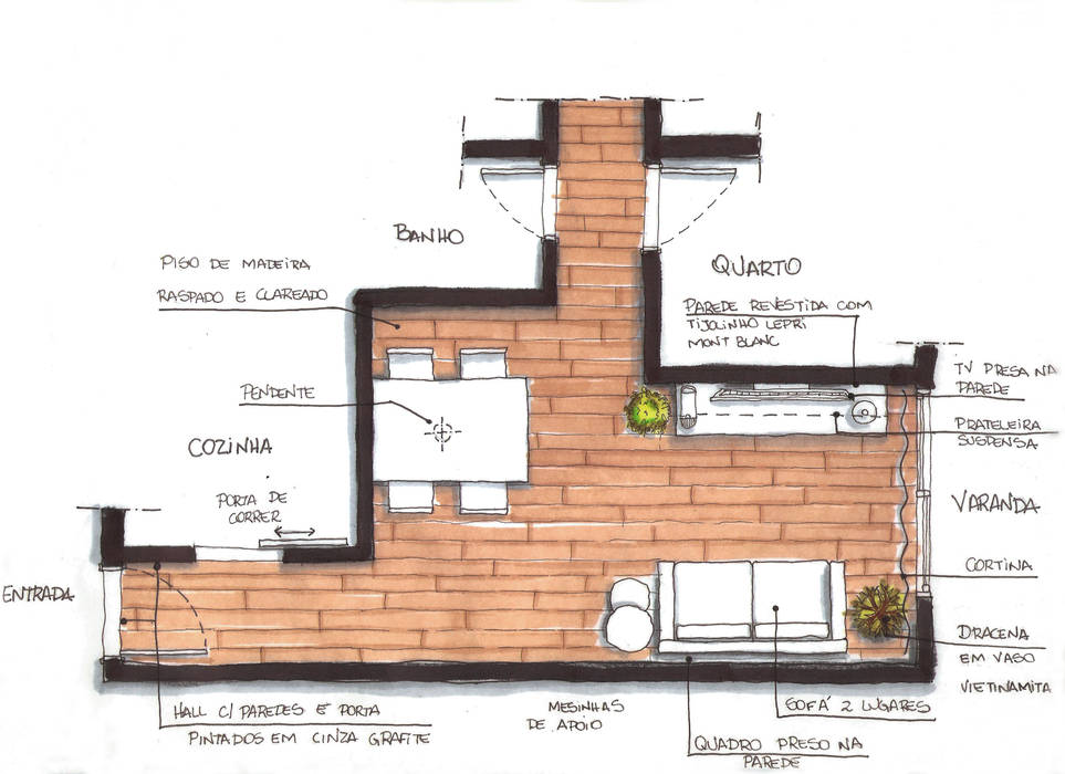 Croqui Humanizado a Mão Studio Side Arquitetura e Interiores Salas de estar modernas croqui,humanizado,reforma,arquitetura,interiores,side,planejamento,apartamento,piso de madeira,mesa de jantar,sofá cinza,decoração