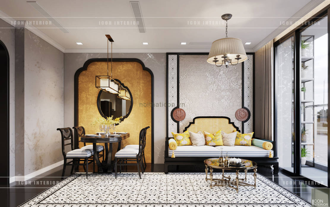 XU HƯỚNG ĐÔNG DƯƠNG ẤN TƯỢNG - Thiết kế căn hộ Vinhomes Golden River, ICON INTERIOR ICON INTERIOR Phòng khách phong cách châu Á