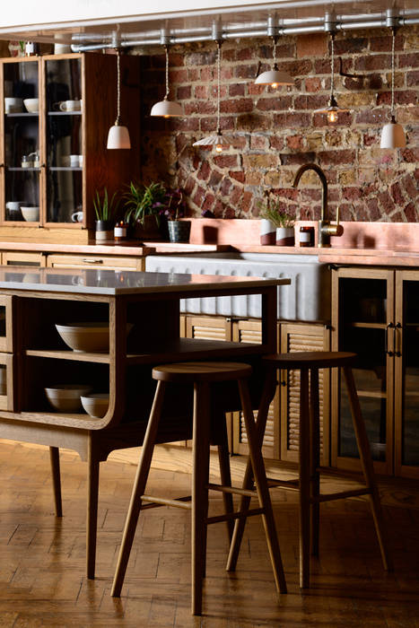 The Haberdasher's Kitchen by deVOL deVOL Kitchens Kitchen Solid Wood Multicolored kitchen island,oak kitchen,wooden stool,seating,marble worktop,mid-century,haberdashery