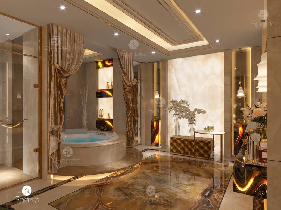 Luxury Master bathroom interior design with Onix decoration Spazio Interior Decoration LLC Classic style bathroom Marble luxury bathroom,modern bathtub,luxury design,bathroom,Dubai,marble flooring,Onix,Interior design,master bathroom,arabic