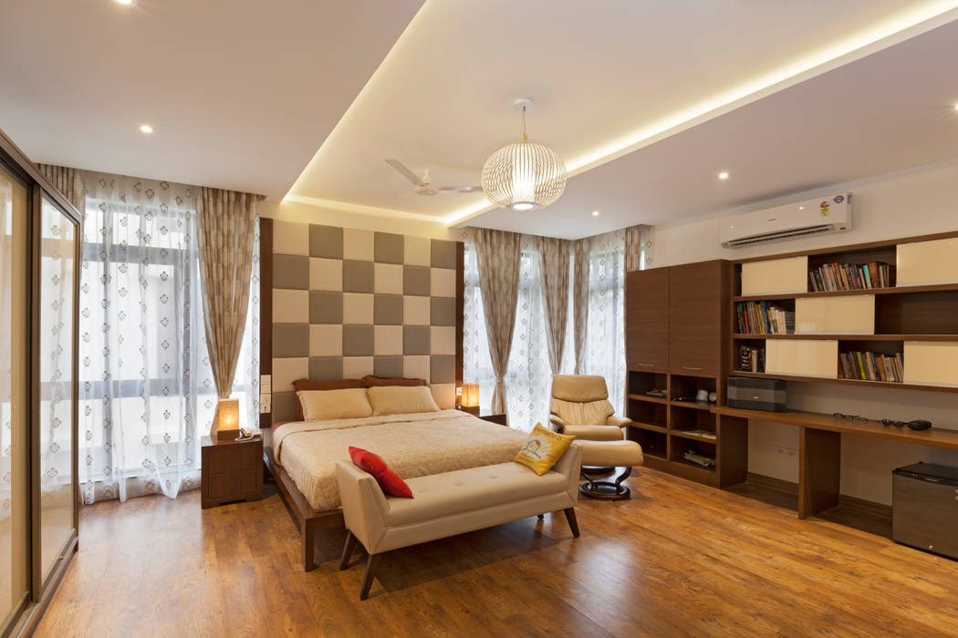 Residence No.1 at Panache, chennai, Synergy Architecture and Interiors Synergy Architecture and Interiors Modern style bedroom Furniture,Property,Window,Cabinetry,Wood,Decoration,Building,Living room,Comfort,Interior design