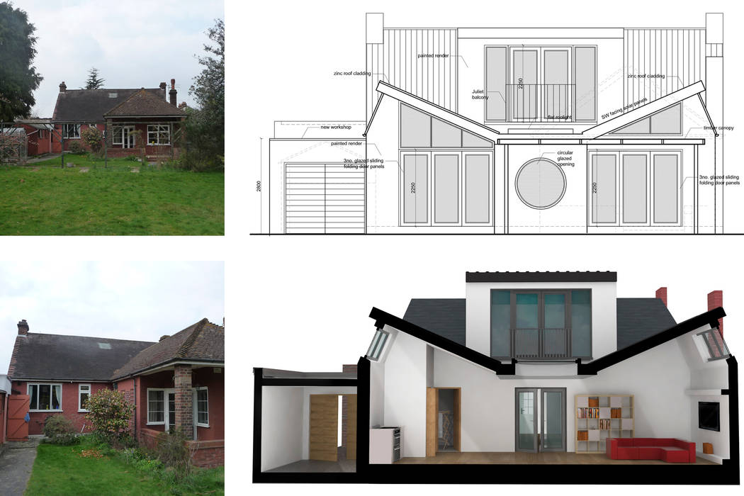 Architect designed residential extension Stoneleigh KT17 – Rear elevation and 3D section GOAStudio London residential architecture limited Floors