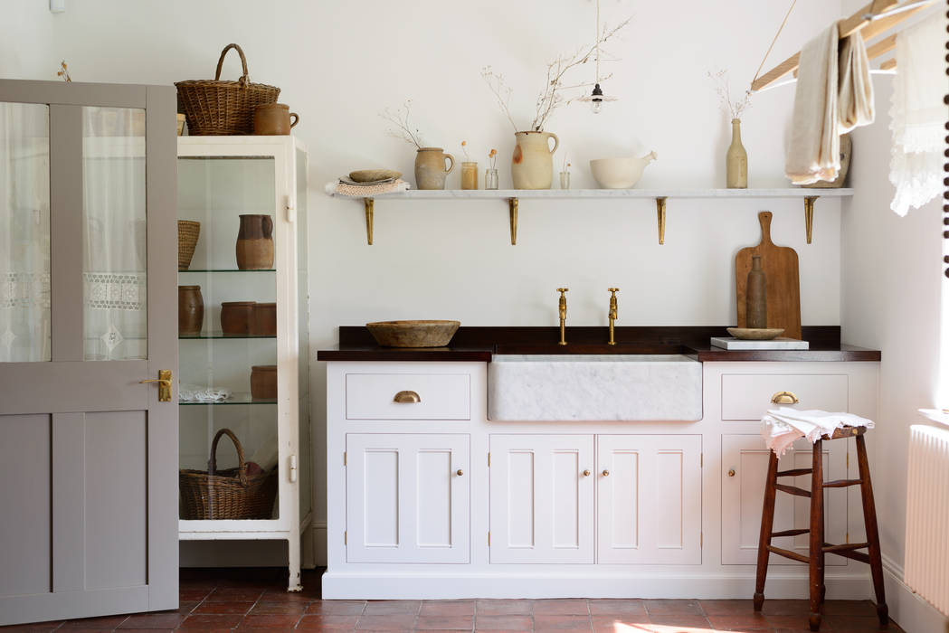 The Millhouse Scullery by deVOL deVOL Kitchens Kitchen Solid Wood Multicolored bespoke,made in england,handmade,utility room,iroko,sink run,mediterranean