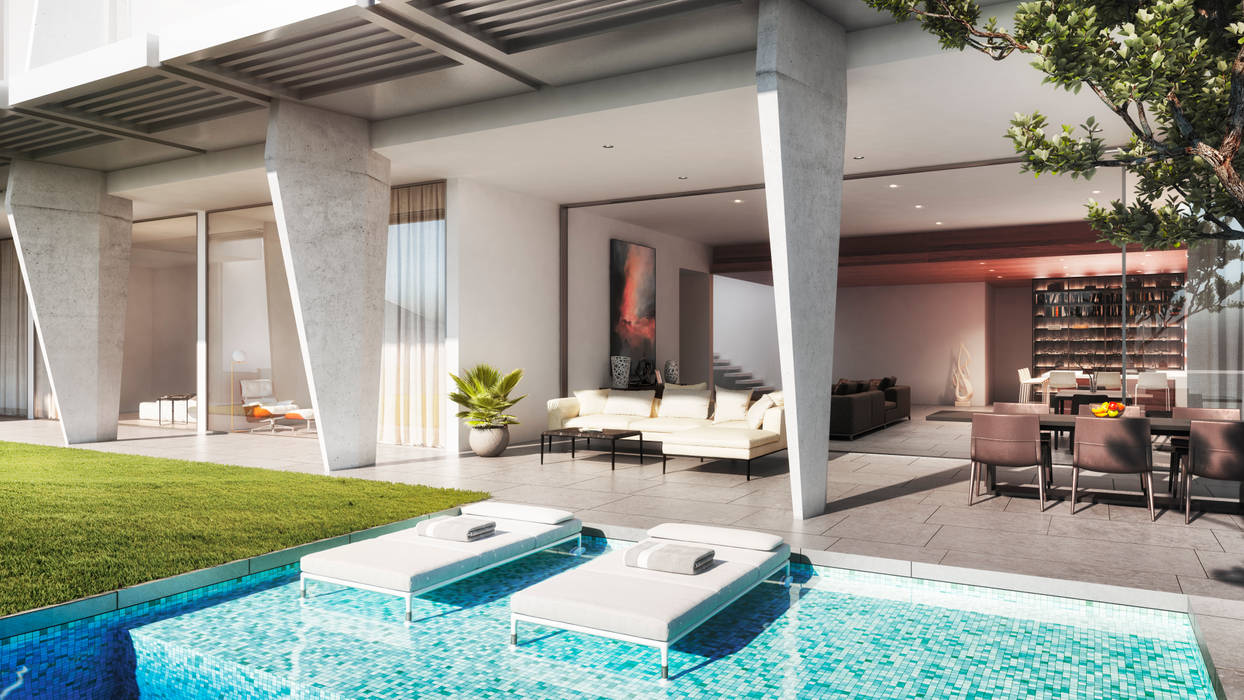 Exterior Rendering of Pool Area NoTriangle Studio Swimming pond container house,interior renderings
