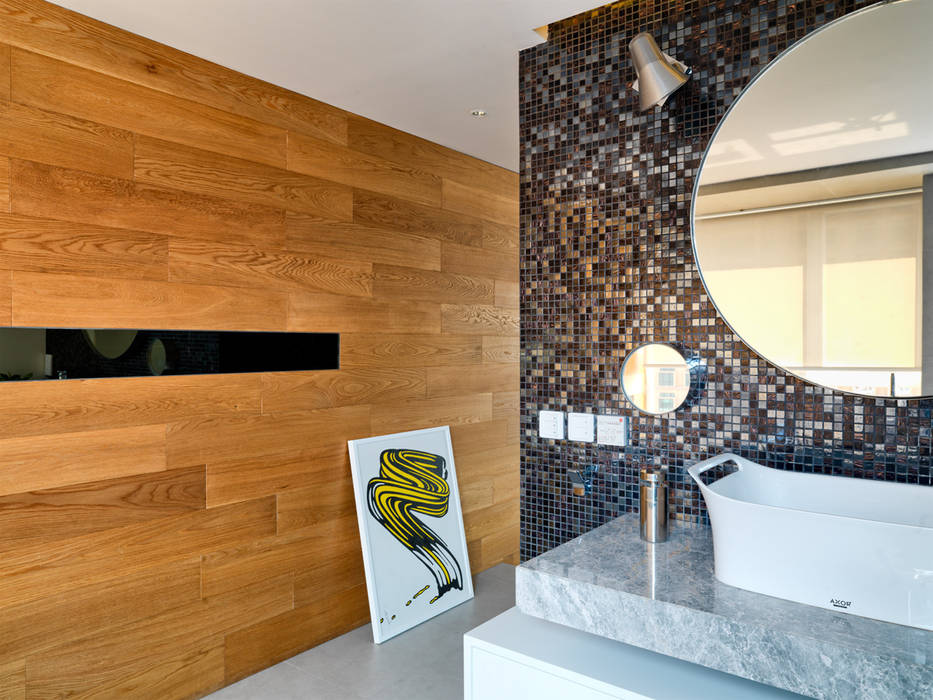 Casa N Another Design Modern bathroom Marble stone sink,bathroom sink,mirrored wall,wood panel wall