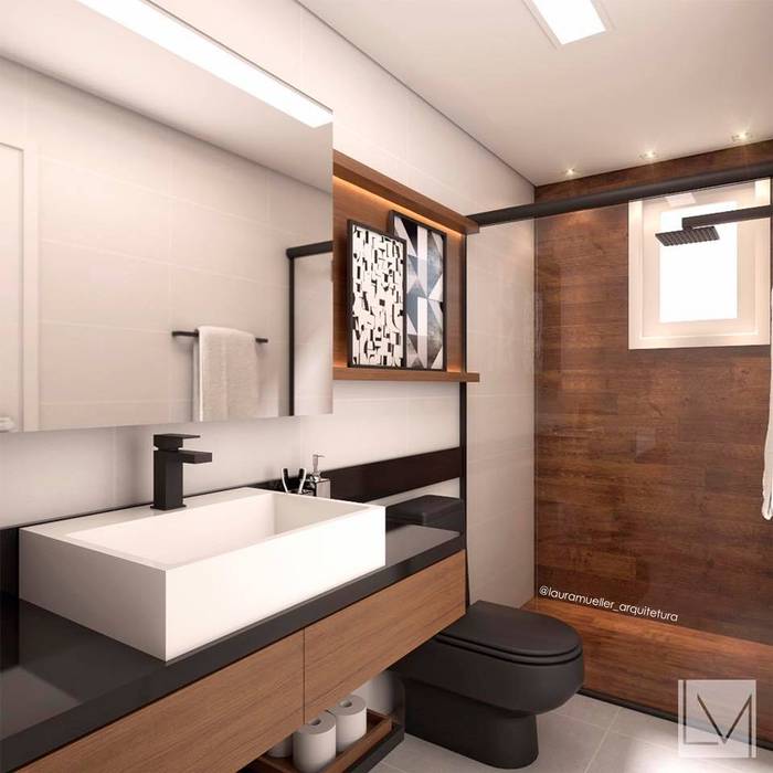 Banheiro moderno, Laura Mueller Arquitetura + Interiores Laura Mueller Arquitetura + Interiores Banheiros modernos Madeira Efeito de madeira