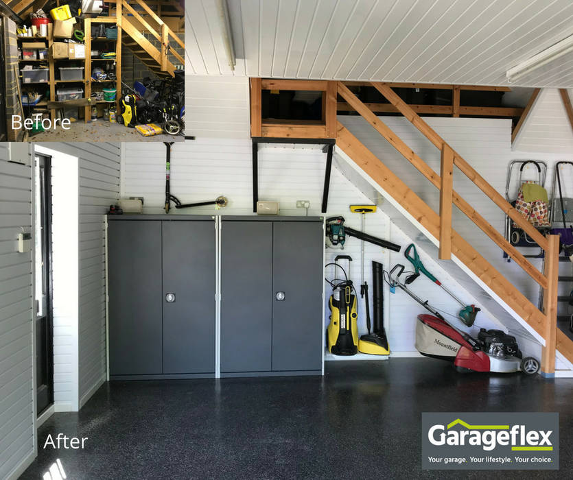 Garageflex Case Study of a Fantastic Garage Makeover in Hertfordshire Garageflex Garajes dobles garage,garage design,garage storage,bike storage,cycling,bike,metal cabinets,storage solution