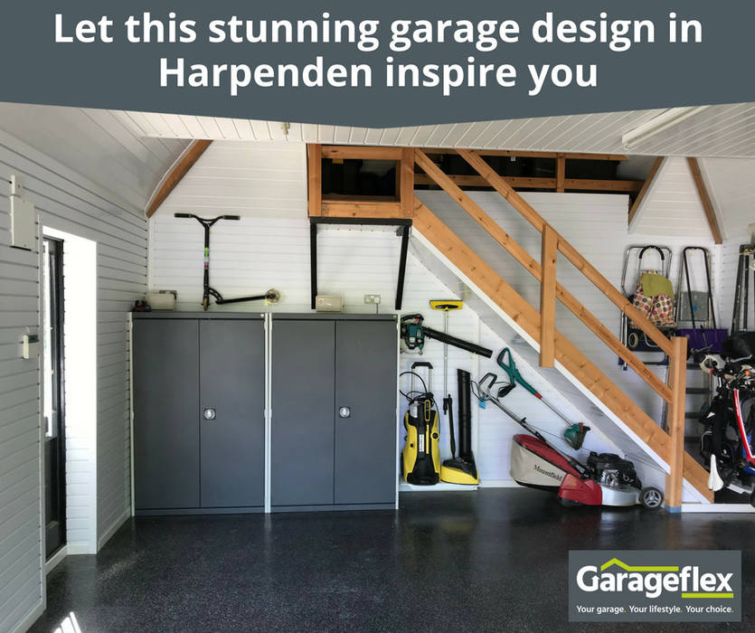 Let this stunning garage design in Harpenden inspire you Garageflex Double Garage garage,garage design,metal cabinets,wall storage,tool storage,ceiling storage,resin floor