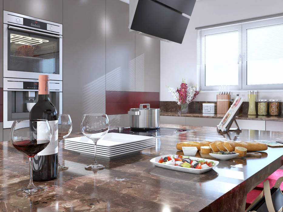 Burgundy Gloss Kitchen, Linken Designs Linken Designs システムキッチン 木 木目調