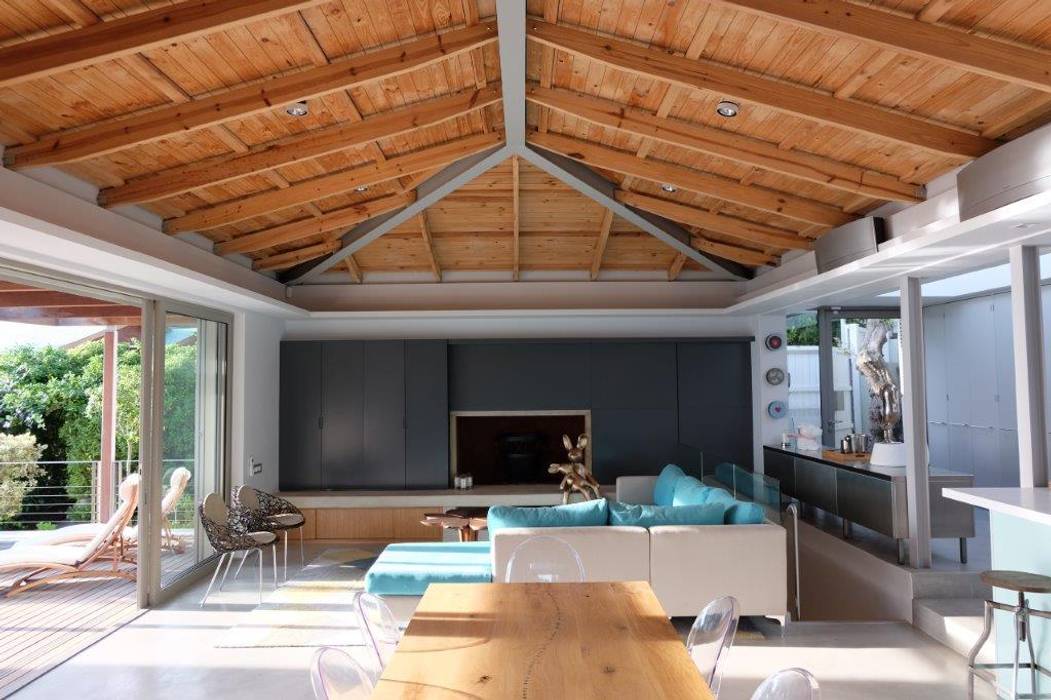 Living Room & Dining Area Van der Merwe Miszewski Architects Modern living room Wood Wood effect steel structure,timber ceiling,cemcrete floors,joinery