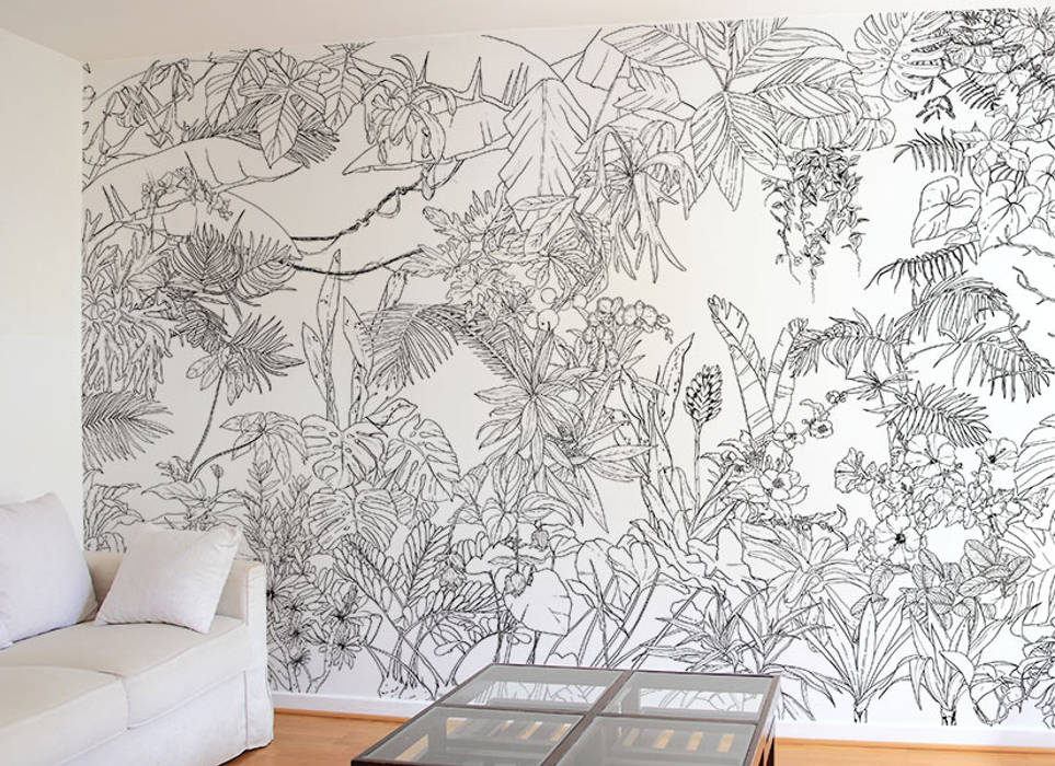 Papier peint jungle tropical noir et blanc panoramique par ...