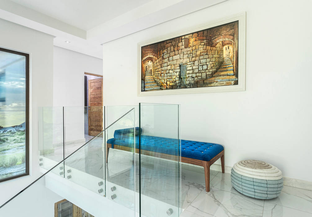 Marble Stairs Deborah Garth Interior Design International (Pty)Ltd marble floor,glass,blue,white walls