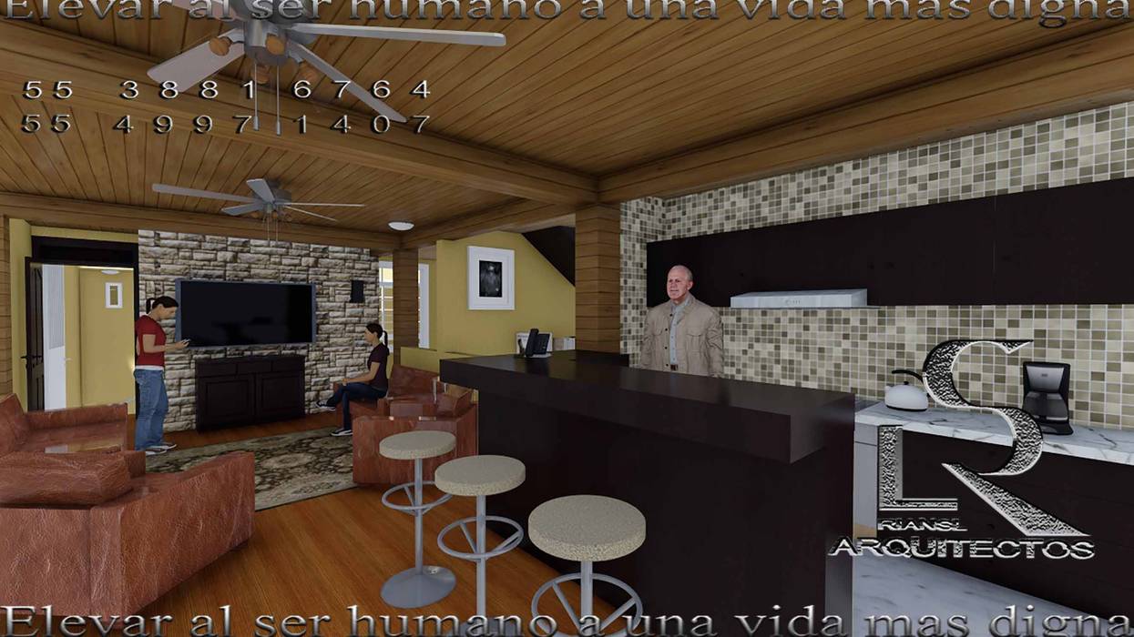 Interiores de casa habitación en imágenes renders RIANSLARQUITECTOS Cocinas rústicas Madera Acabado en madera