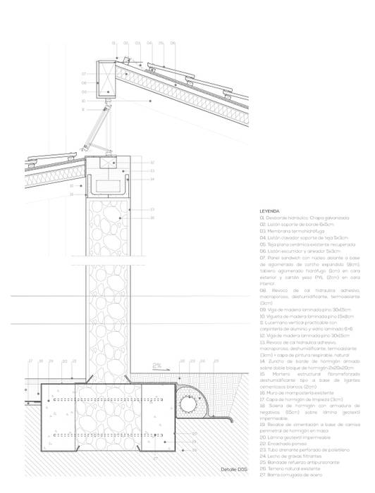 Planos de proyecto - detalle de fachada ARREL arquitectura Casas de estilo rural detalle,constructivo,mampostería,muros,carpintería,madera