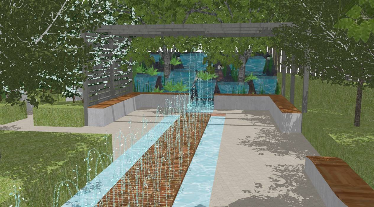 Conceptual Design for RHS Chelsea Aralia Zen garden Metal garden fence,pergola,metal pergola,fountain,garden fountain,water feature,show garden,outdoor entertaining,outdoor lounge,contemporary,living wall,green wall