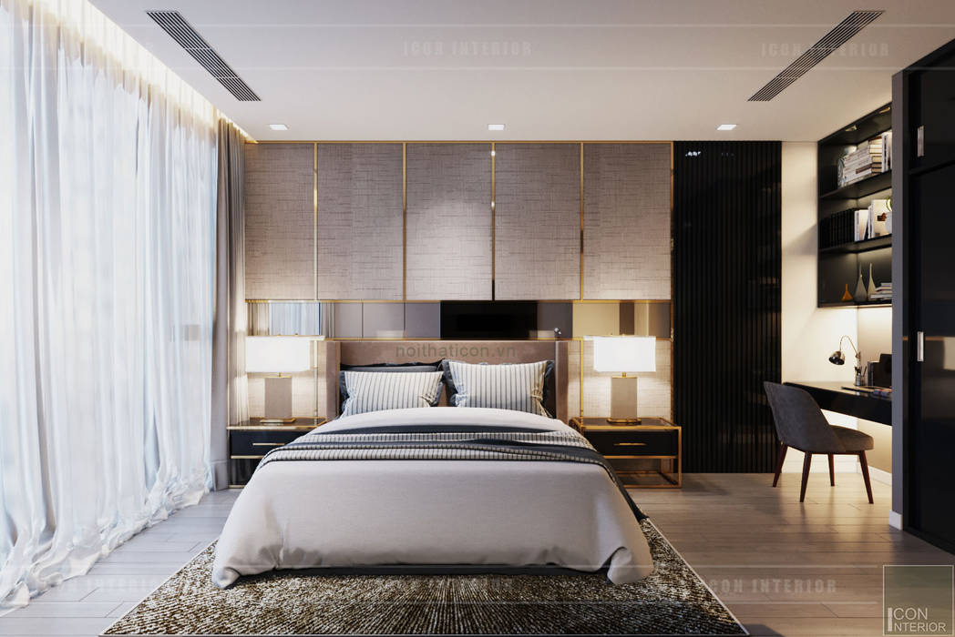 Sang trọng đẳng cấp với nội thất mạ Titan trong căn hộ Vinhomes Golden River, ICON INTERIOR ICON INTERIOR Phòng ngủ phong cách hiện đại