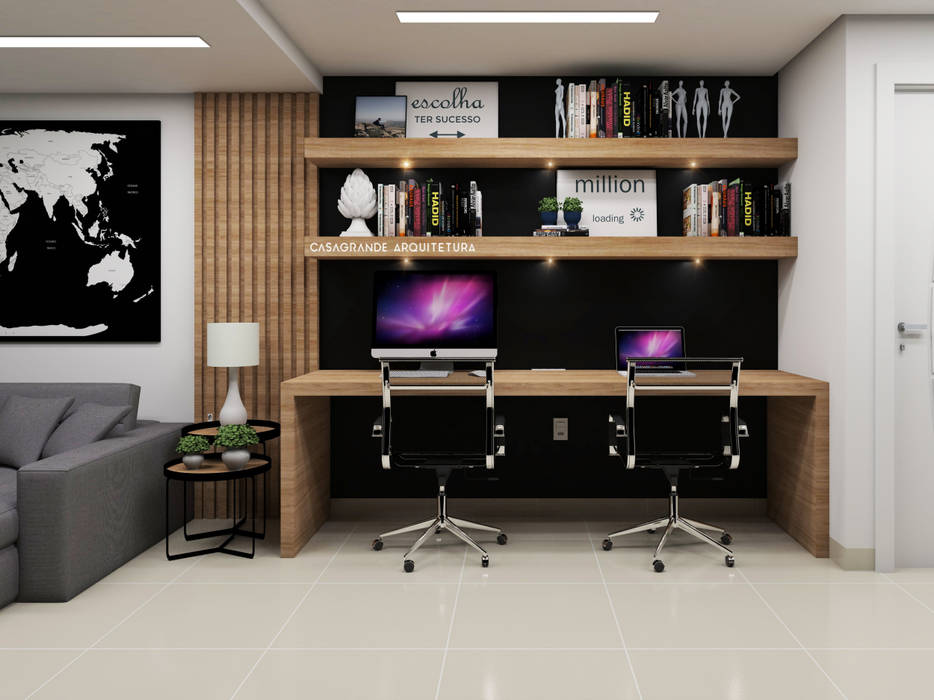 HOME OFFICE - PAREDE PRETA homify Escritórios modernos MDF escritório em casa,mobiliário para economizar espaço,mesas de escritório,cadeiras de escritório,HOMEOFFICE,MDF,MODERNO,escritório,espaço pra estudar,espaço para trabalha,trabalhando em casa,ripado de madeira