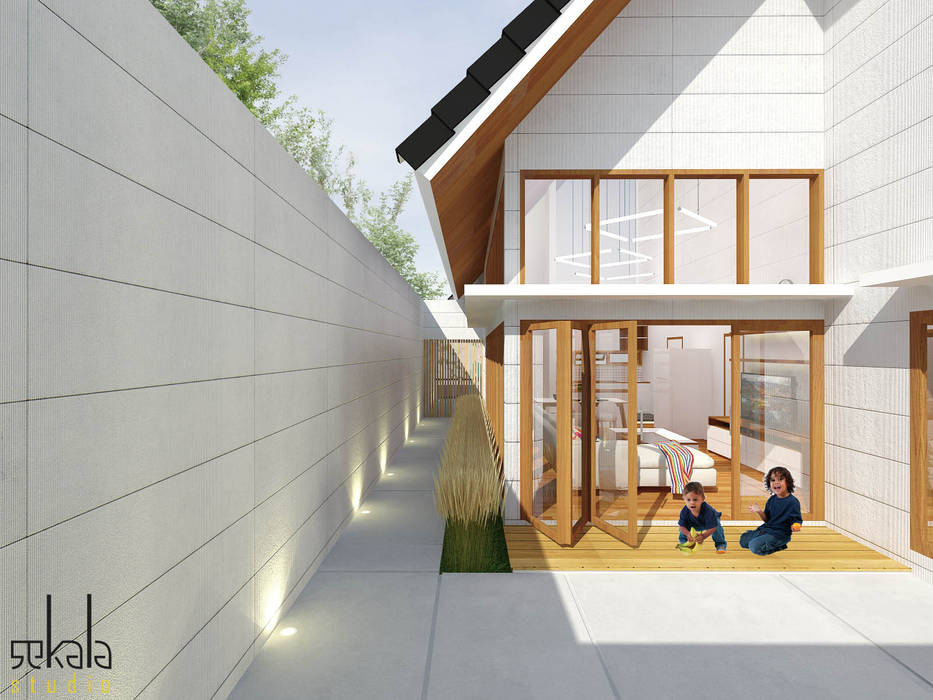 Rumah Ibu Siska, SEKALA Studio SEKALA Studio Jardines en la fachada Madera Acabado en madera