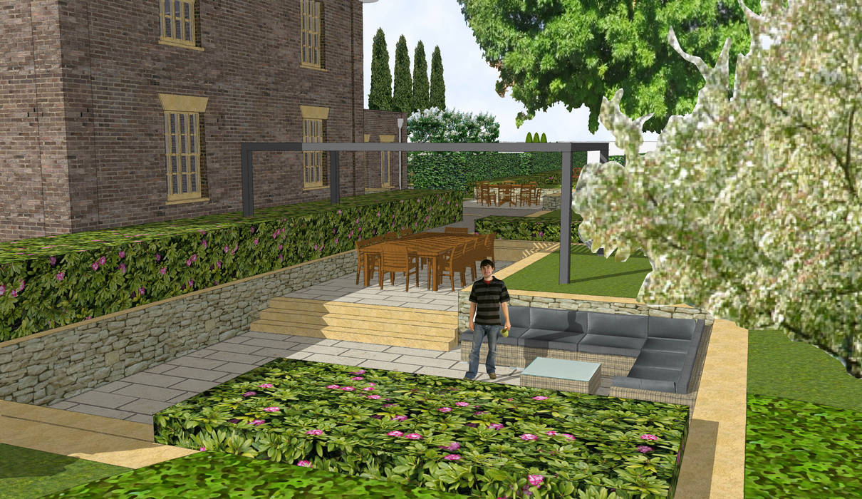 Hertfordshire Country Estate Garden (Braughing) Aralia Giardino Zen Metallo sunken seating,sunken area,pergola,metal structure,outdoor lounge,garden lounge,outdoor furniture,garden furniture,outdoor dining,garden dining,outdoor oven,outdoor kitchen