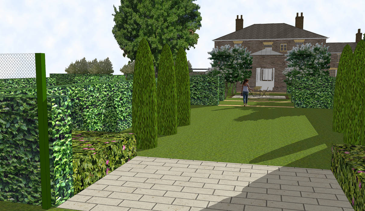 Hertfordshire Country Estate Garden (Braughing) Aralia Дзен-сад Бамбук Зелений paving,pavement,buxus,buxus hedge,topiary,rooftop terrace,country estate,garden design,outdoor furniture,steps,decking,garden furniture