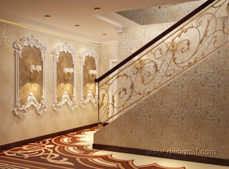 Коридор в восточном стиле студия Design3F Коридор, прихожая и лестница в азиатском стиле лестница,коридор,лепнина на стенах