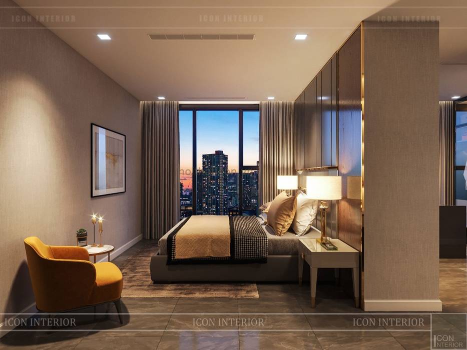 Thiết kế nội thất hiện đại tinh tế ở căn hộ Vinhomes Central Park, ICON INTERIOR ICON INTERIOR Phòng ngủ phong cách hiện đại