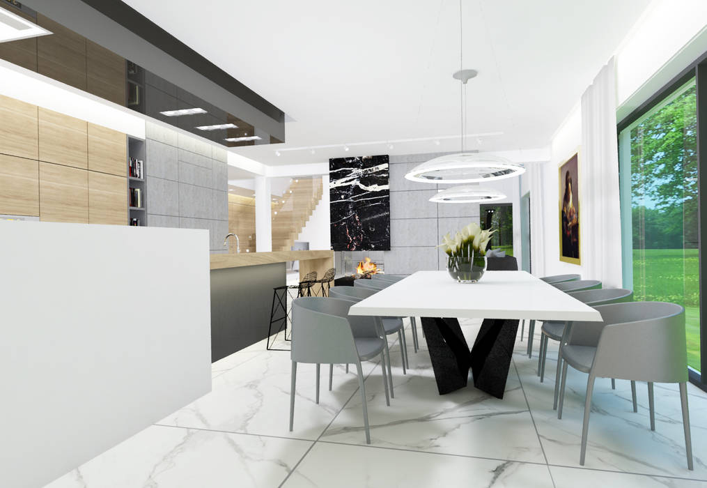 Dom jednorodzinny z antresolą - projekt wnętrz, 4Q DEKTON Pracownia Architektoniczna 4Q DEKTON Pracownia Architektoniczna Modern dining room Concrete