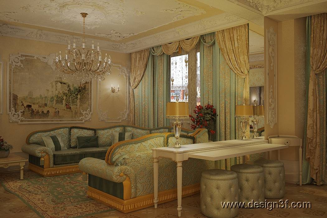 Интерьер роскошной гостиной в классическом стиле студия Design3F Гостиная в классическом стиле интерьер,дизайн интерьера,зал,большой диван