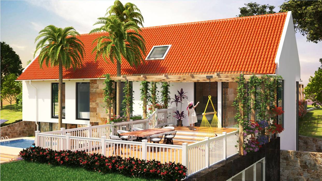 Terraza A.BORNACELLI Casas campestres Vivienda Campestre,autosostenible,moderna,minimalista,cubierta en teja,cubierta verde,piscina