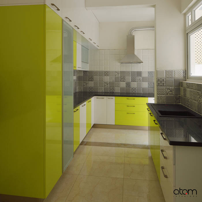 Lime green modular kitchen w/ patterned tiles homify