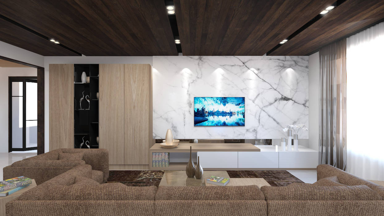 Tv unit in satvario marble back panel in the living room by rhythm and emphasis design studio