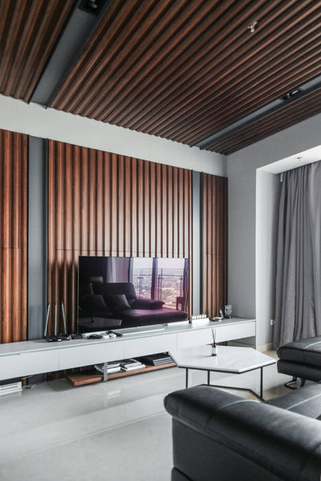 Living Room FIANO INTERIOR Ruang Keluarga Gaya Industrial Kayu Wood effect wooden grill,living room,television,cabinet,industrial,family room