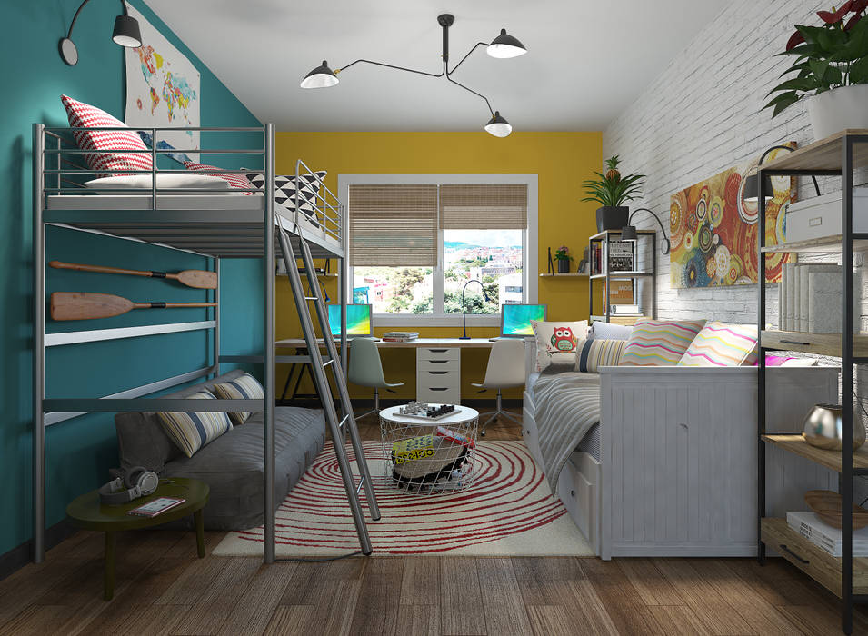 Habitación infantil Fusion homify Dormitorios infantiles children room,fusion style,colourful walls,stone walls,geometric shapes,decoration,wood floors,3d design,interior design,designers