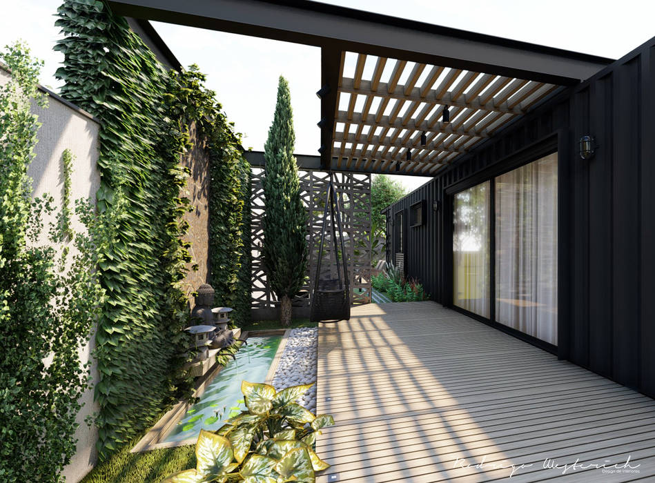 Residencial Modular - Contêiner Rodrigo Westerich - Design de Interiores Jardins de inverno industriais Madeira Efeito de madeira casa container,jardim
