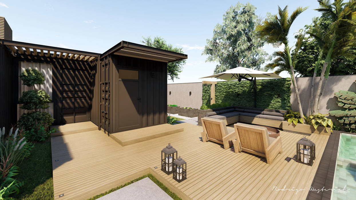 Residencial Modular - Contêiner Rodrigo Westerich - Design de Interiores Jardins de fachadas de casas jardim,piscina ao ar livre,casa container