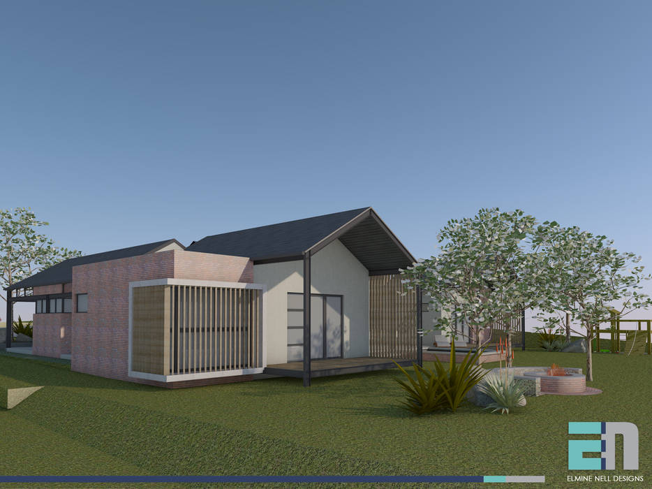 View towards Main Bedroom ENDesigns Architectural Studio Patios Wood Wood effect verandah,facebrick,timber lattice,bay window,modern,barn style