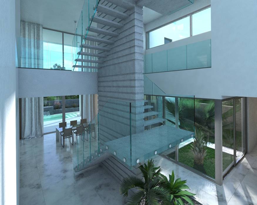 Escalera Moderna Arqed Escaleras Concreto reforzado escalera,moderna,minimalista,concreto,vidrio,luz natural,diseño,render
