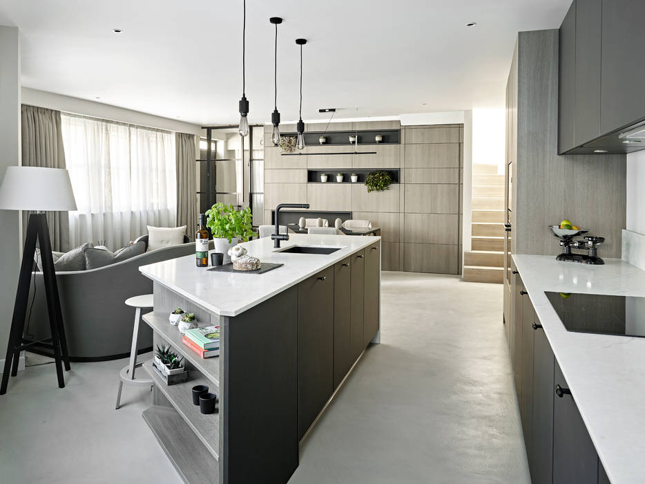 Kitchen, Living Room and dining area Tailored Living Interiors Кухня в стиле лофт Дерево Эффект древесины concrete flooring,crittaldoors,kitchen