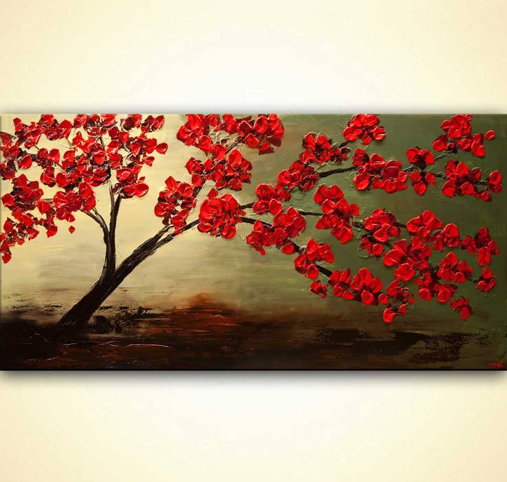 "Blossom In My Heart" - blooming tree painting on canvas by Osnat Tzadok homify Other spaces abstract art,abstract painting,blooming tree,red painting,big painting,painting,painting on canvas,art,fine art,tree painting,red tree painting,olive green painting,Pictures & paintings